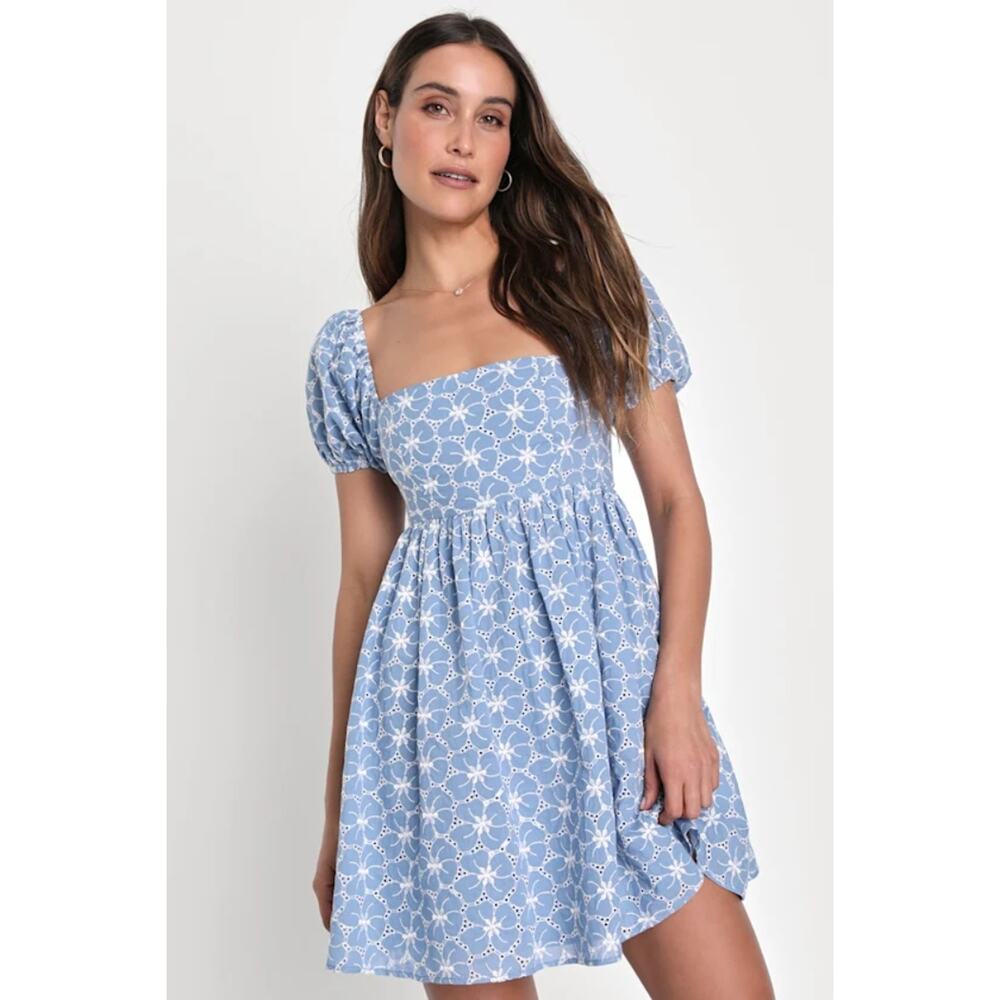 NWT Lulus Fit to Frolic Blue Eyelet Lace Puff Sleeve Babydoll Dress Mini Sz S